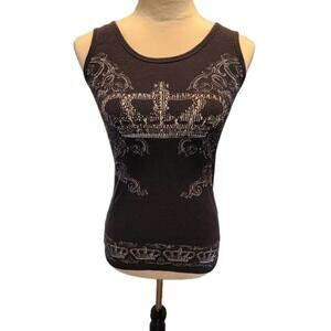 Y2K Biker Tattoo Moto Grunge Bling Graphic Womens Tank Top Crown Black Ribbed